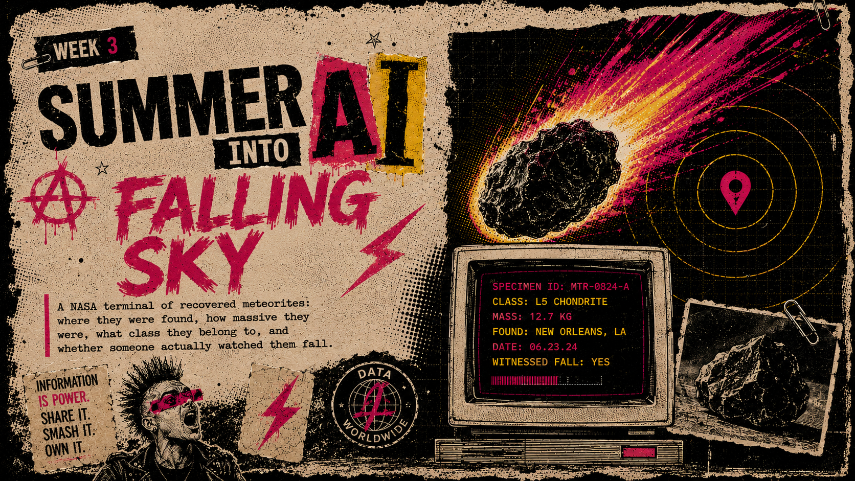 Summer Into AI Week 3 Data.Punk meteorite log banner with punk zine typography, meteor artwork, and NASA terminal copy.